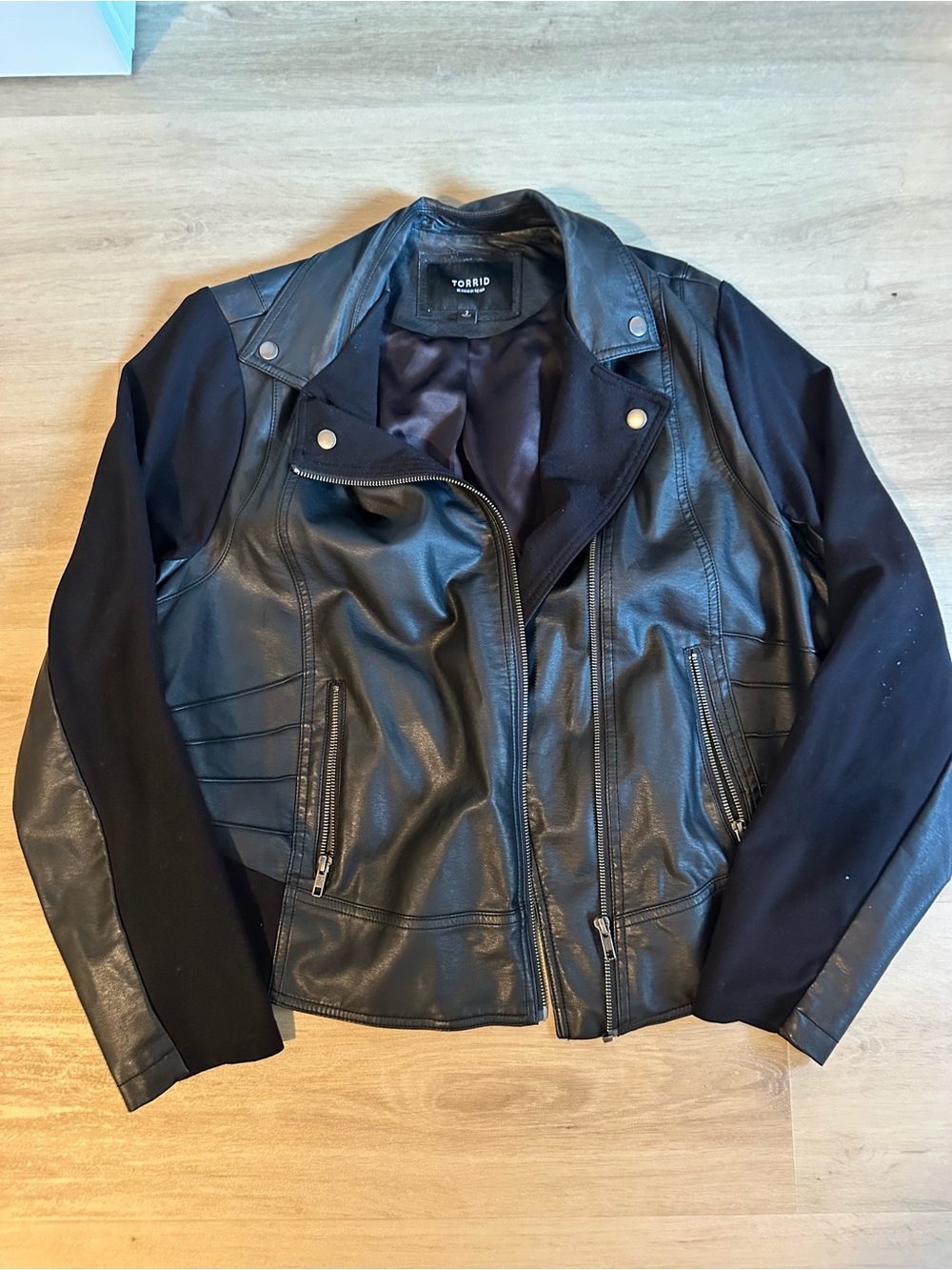 torrid Black Faux Leather Moto Jacket with Knit Sleeves